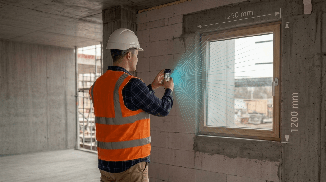 Site engineer in a hi-vis vest and hard hat photographing a window opening in a concrete wall with a phone